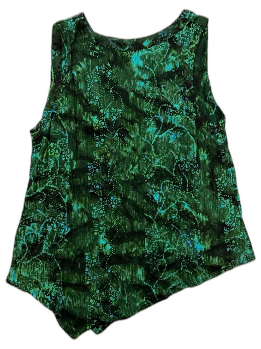 Soft Surroundings Green Batik Floral Tank Top Large 100% Rayon Asymmetric Hem